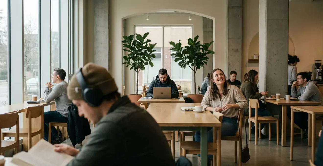 Scène de café montrant différentes personnes avec des signaux de disponibilité et de non-disponibilité variés.