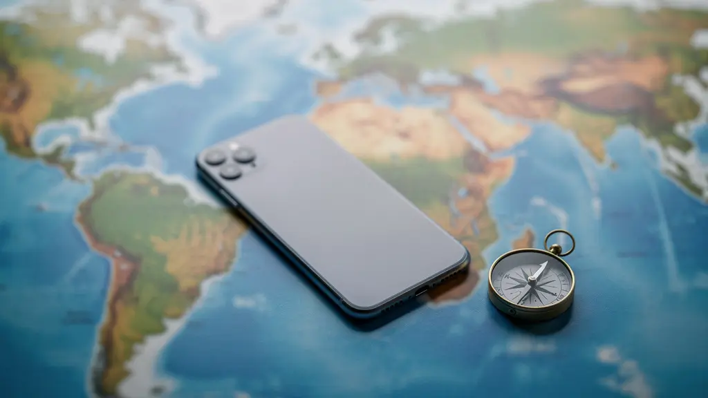 Vue arrière d'un smartphone posé sur une carte géographique entièrement floutée, ambiance sécurisée