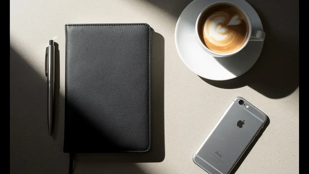 Smartphone posé sur un bureau professionnel avec écran tourné vers le bas, entouré d'objets de travail