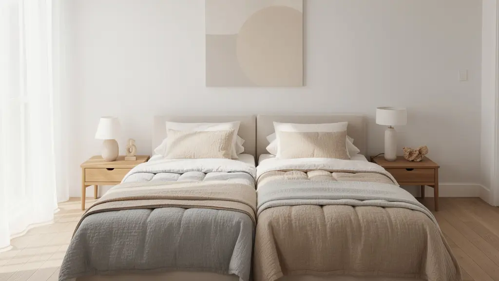 Chambre minimaliste avec deux espaces de sommeil distincts mais harmonieux