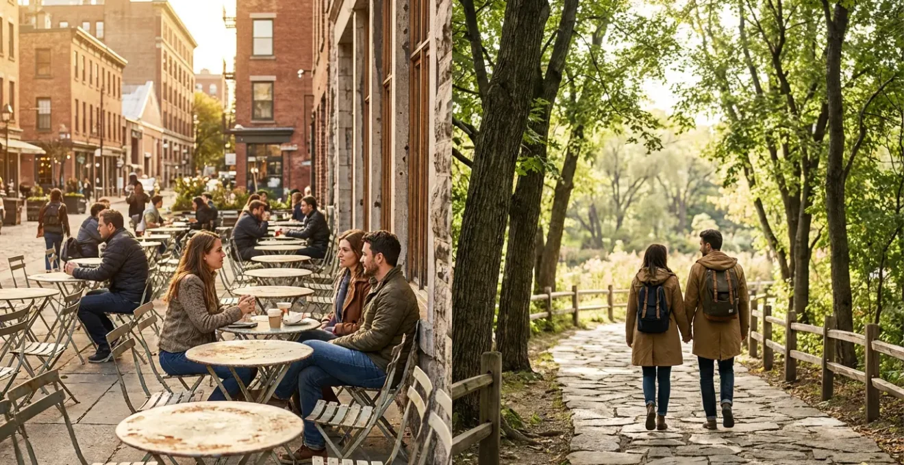 Vue divisée montrant d'un côté une terrasse de café animée et de l'autre un sentier dans un parc verdoyant