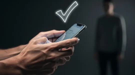 Une personne tenant un smartphone montrant un badge de vérification holographique à côté d'une silhouette floue en arrière-plan