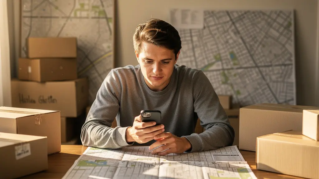 Personne préparant un déménagement avec une carte et un smartphone, dans une ambiance chaleureuse de planification.